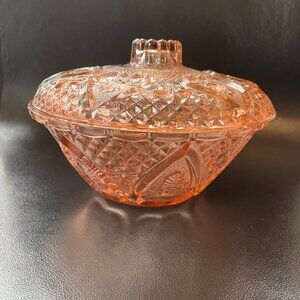 Vintage Pink Heart Pattern Pressed Glass Bowl w/ lid-Firna Indonesia